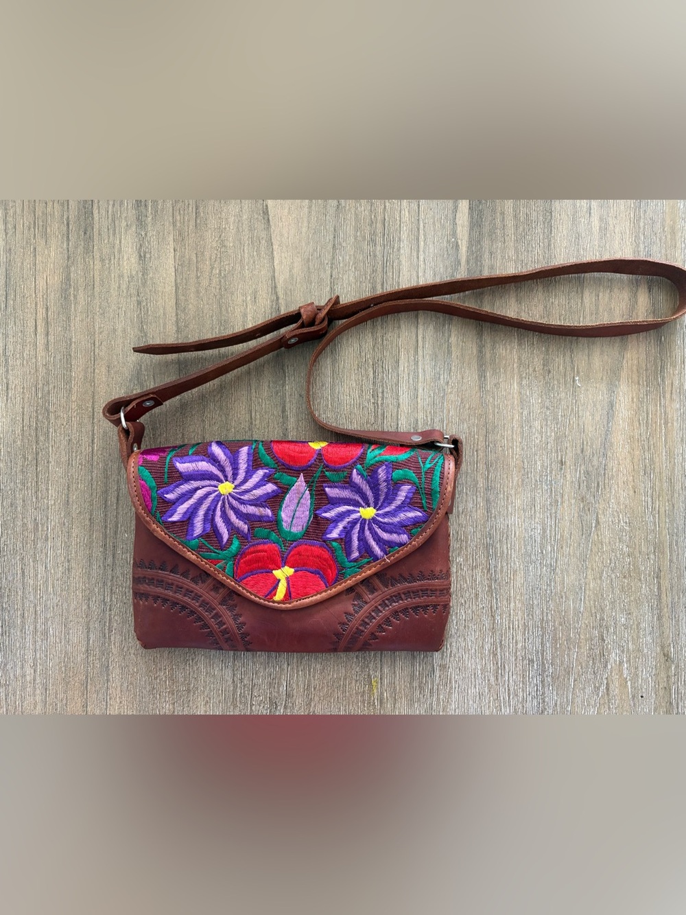 Brown Leather Embroidered Floral Crossbody Bag Boho Western Purse